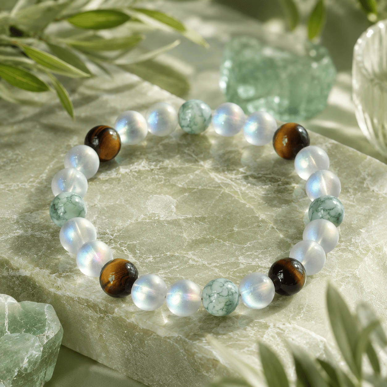 Wealth Bead Bracelet with Mossy Agate, Moonstone & Tiger's Eye