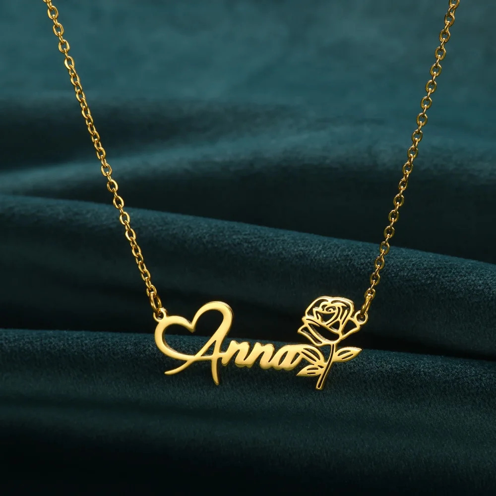 TEMU Collier avec pendentif plaque de nom de fleur personnalisé en acier inoxydable 304L 304L 304L 304L, parfait pour les bijoux de mode féminine et
