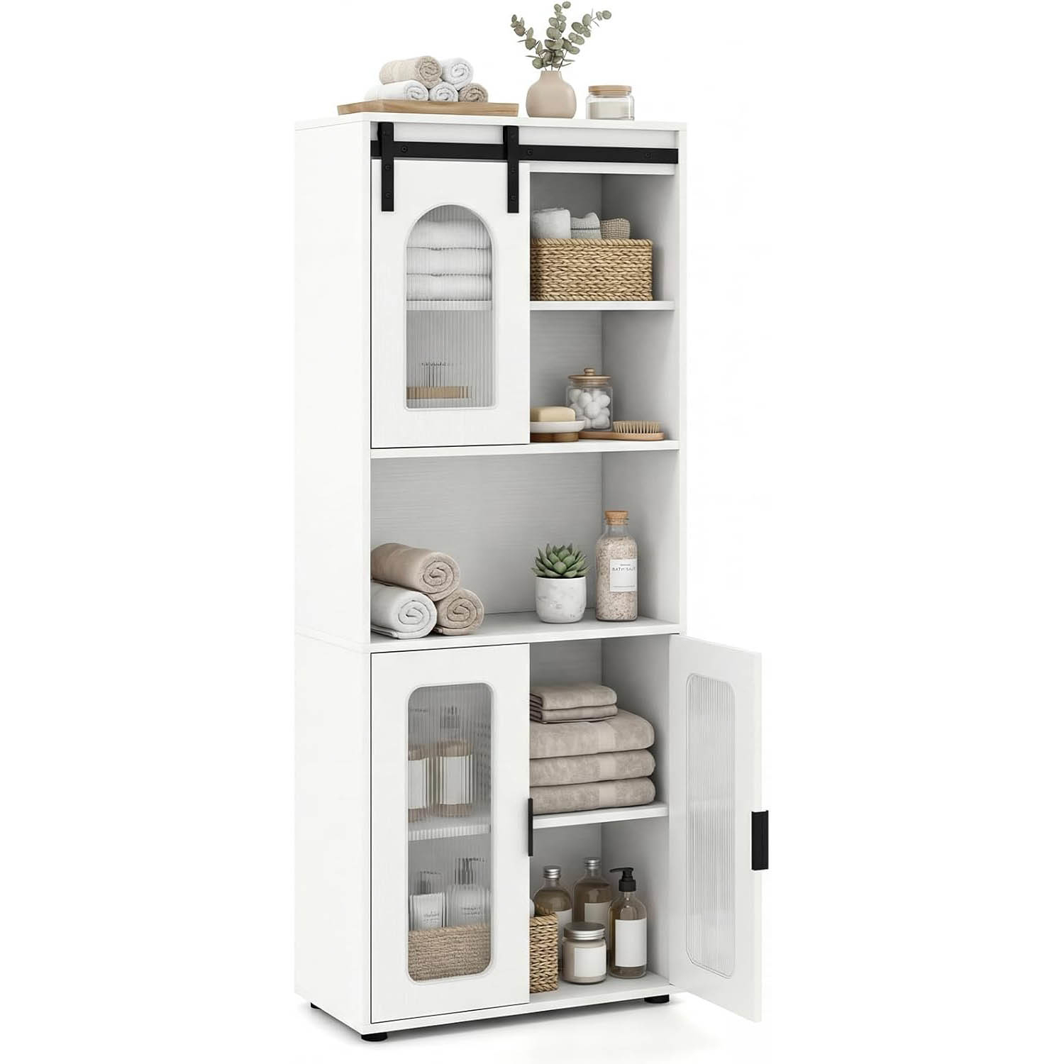 Image of Toilet Paper Storage Containers, 150cm Freestanding Storage Organizer With Sliding Barn Door And Shelves, For Bathroom, White