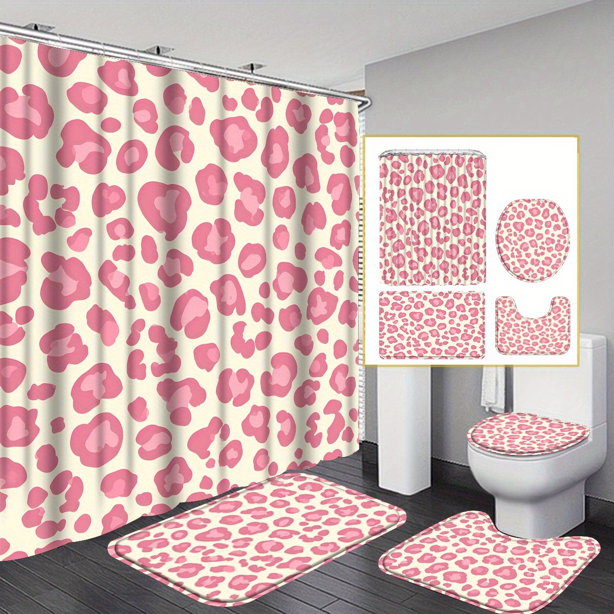 4pcs Print Shower Curtain Set, High Quality Fabric Curtain With 12 Hooks, Matching Non Slip Floor Mat, Toilet Seat Cover & U Shaped Rug, Machine Washable, Cute Patterned Bath Ensemble