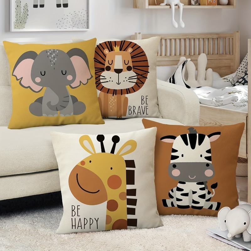TEMU 2D Flat - 4 pezzi Federe decorative con stampa 2D di animati con animali Elefante Leone Zebra Copricuscini da esterno Copricuscini coraggiosi e