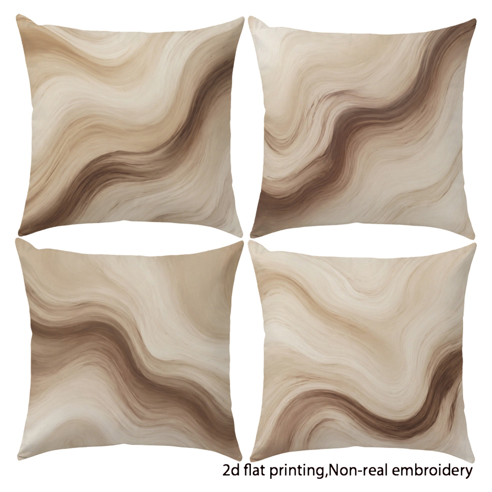 TEMU 2d Flat-printed Set Of 4 Light Brown Curved Smudge Marble-texture Minimalist Themed Decorative Pillowcases, Single-sided Print, Soft Velvet
