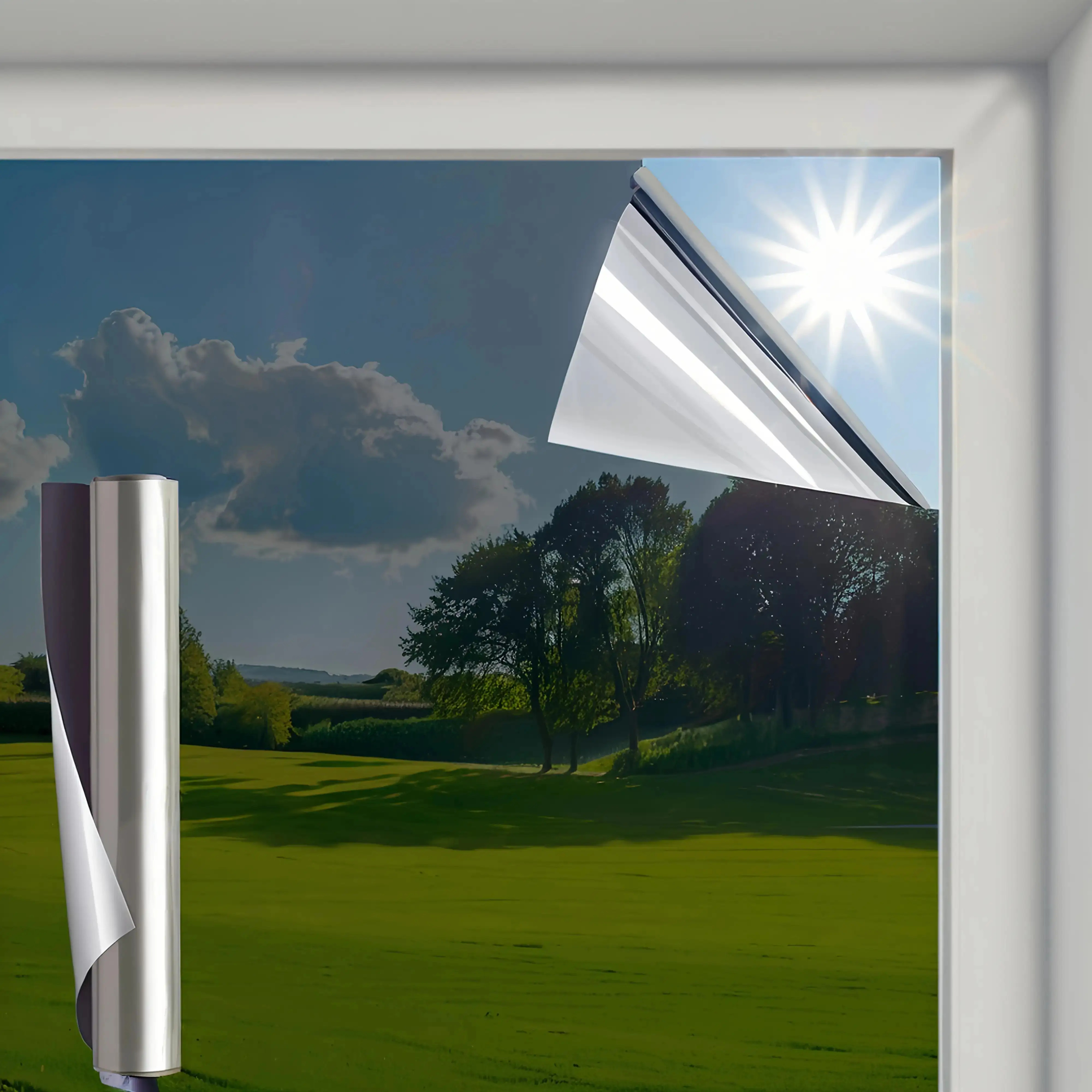 Image of 1pc Heat Insulation Glass Film, Privacy And Sunshade, Silvery Mirror Heat Insulation Sticker, Adhesive-free Static Cling, Suitable For Balcony Windows, Office Windows, And Bedroom Window Decoration
