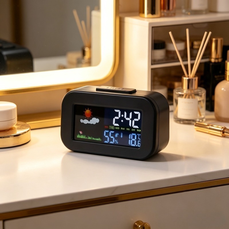Farbenfrohe Wetterstation mit Uhr, Innenraum-Thermometer und Hygrometer,  mit farbenfrohem LED-Bildschirm mit Hintergrundbeleuchtung,  Temperaturanzeige, Alarmfunktion und Komfortindex - ...