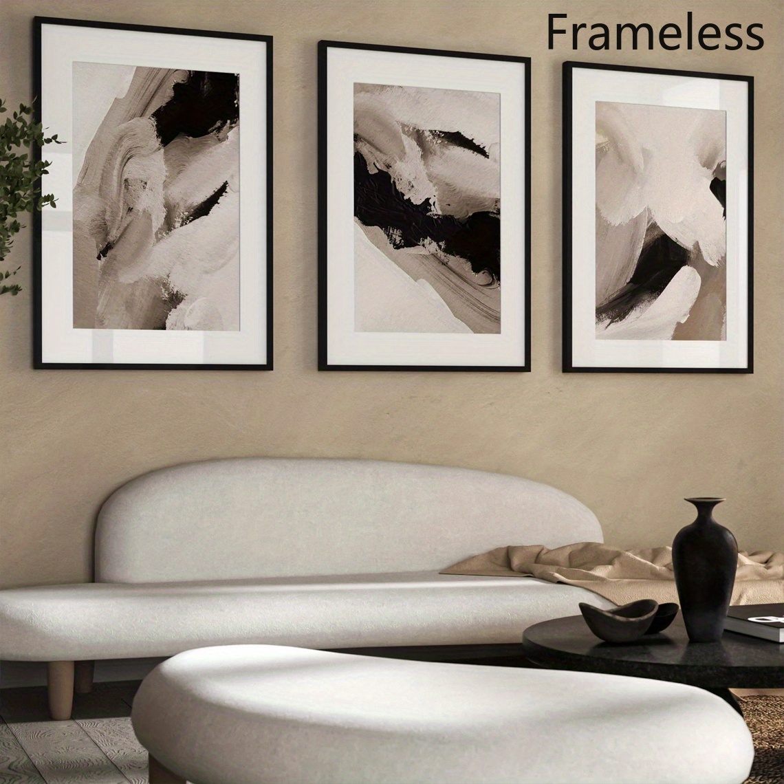 TEMU 2d Flat, 3pcs Modern Minimalist Abstract Vertical Prints - Neutral Black & Beige Suitable For Living Room, Bedroom, Office Wall Decor - Japandi