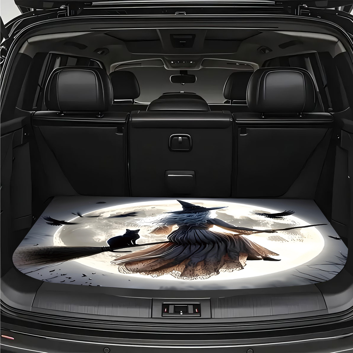 Image of 1pc Fashionable Non-slip Car Trunk Mat | Durable Polyester With Full Witch And Cat Flying Design, Trunk Dry And Clean, Adds Mystical Halloween To Your Vehicle, Applicable For Storage And Decoration