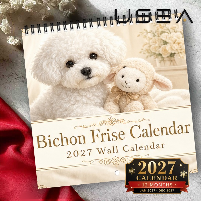 TEMU 2027 Wall Calendar2027 Bichon Frise Wall Calendar, 12-month Hanging Calendar With Twin Wire Spiral Binding, Large Blocks, Monthly Planner,