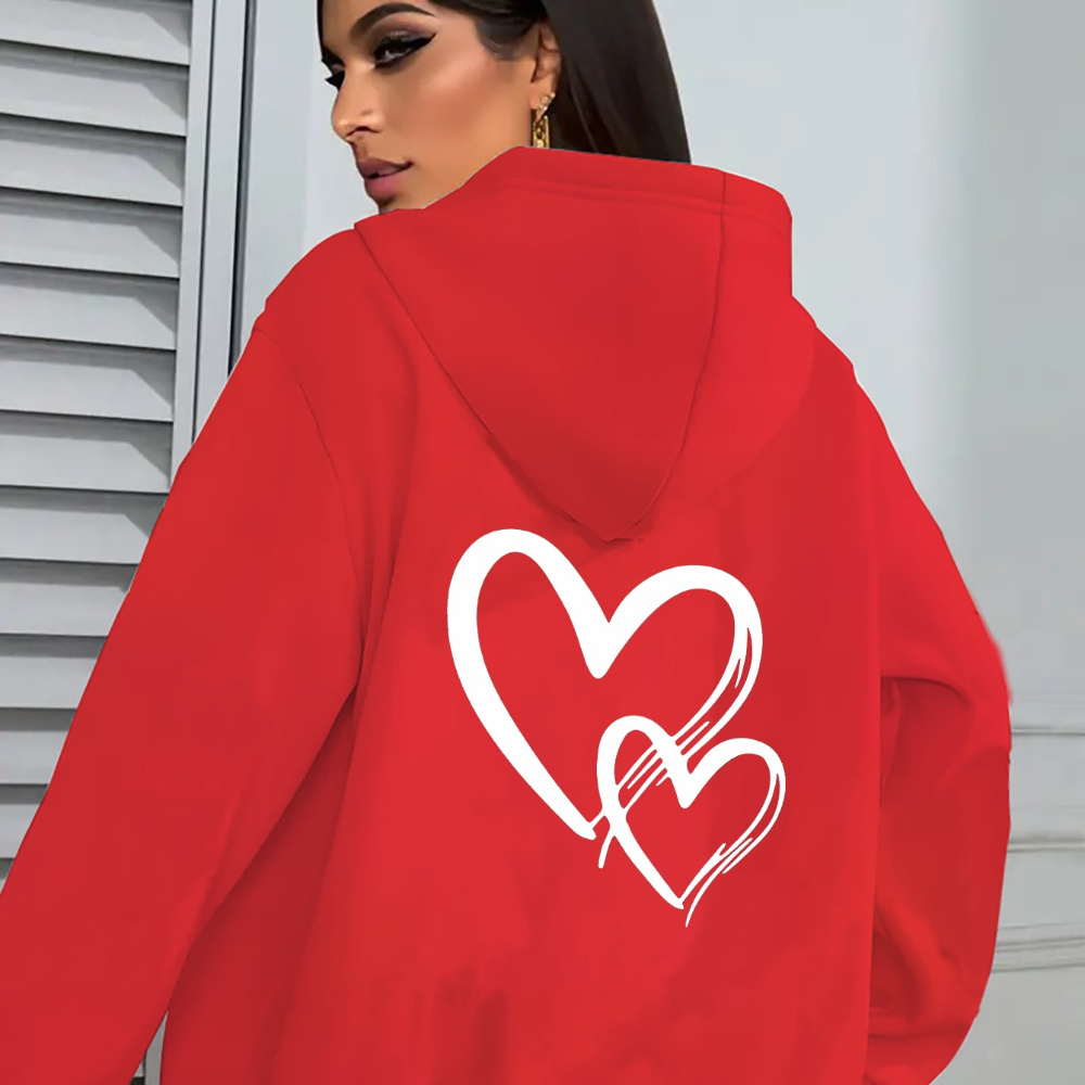 

Women's Casual Love Heart Print Hoodie, Polyester 100% Knit Fabric, Fall/winter Hooded Sweatshirt Jacket With Pockets, Alphabet Pattern Zip-up Hoodie