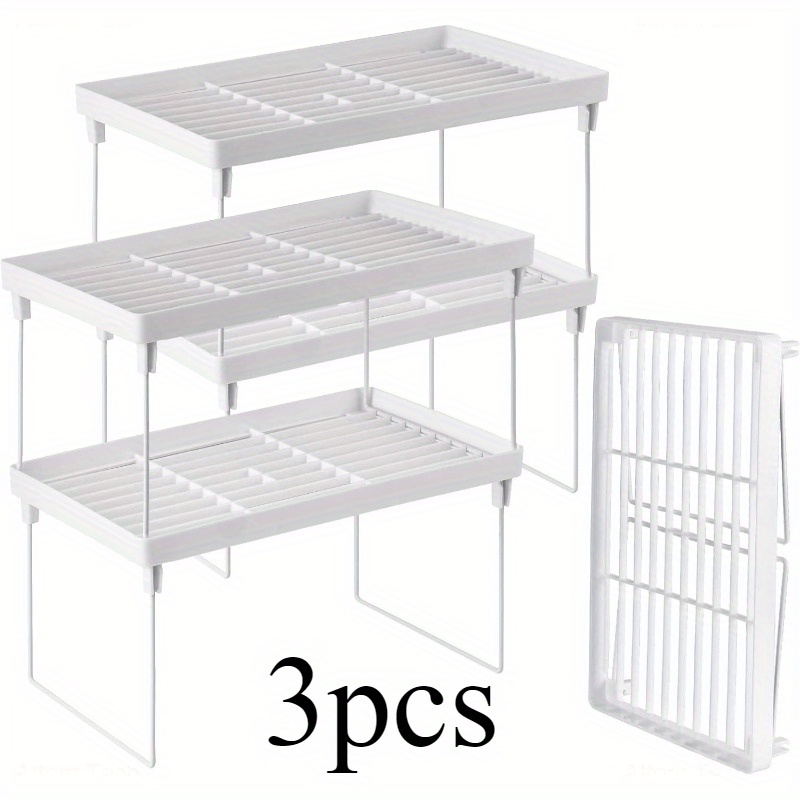 Image of Stackable Kitchen Storage Rack Set, Foldable Open Shelves, Durable High-quality Pp And Metal, Multifunctional Bathroom, Countertop, Cabinet Organizer, With Metal Tube Frame, Practical Rack