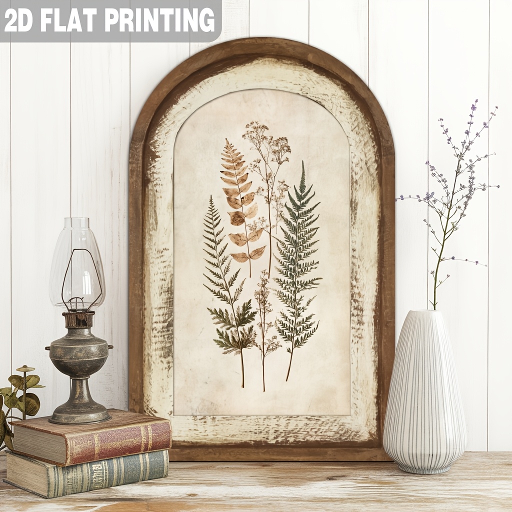 TEMU 2d Flat, 1pc 2d Flat Printed Wooden Classic Botanical Herbal Leaf Pressed Flower Arch Wooden Sign Wall Art, Rustic Home Decor, Vintage Leaf