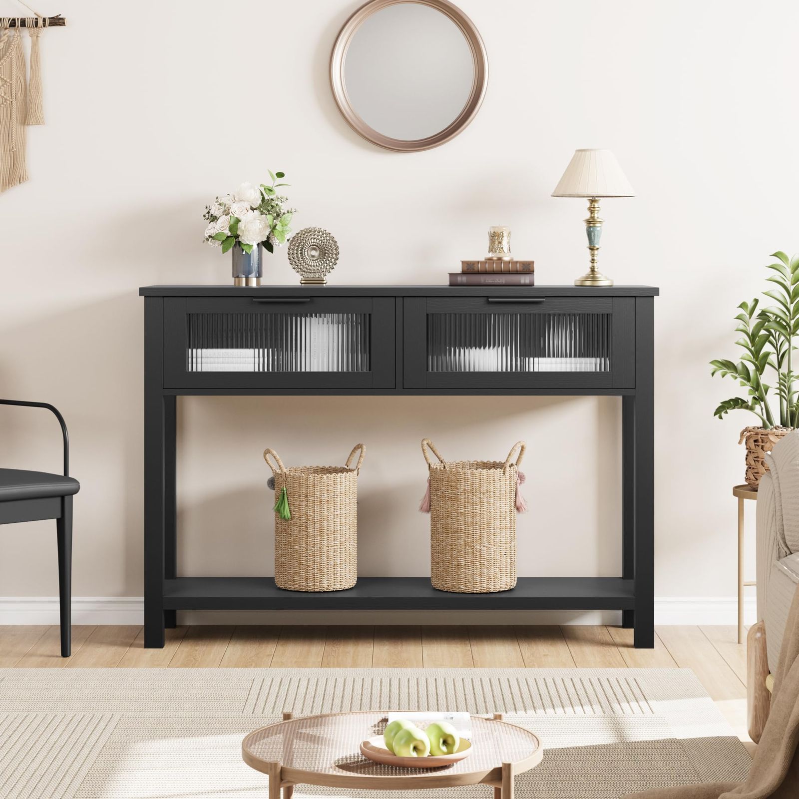 Wood Console Table With 2 Glass Drawers, Narrow 2-tier Sofa Side Table, Open Storage Shelf For Living Room, Hallway, Foyer, Kitchen, Office, Black