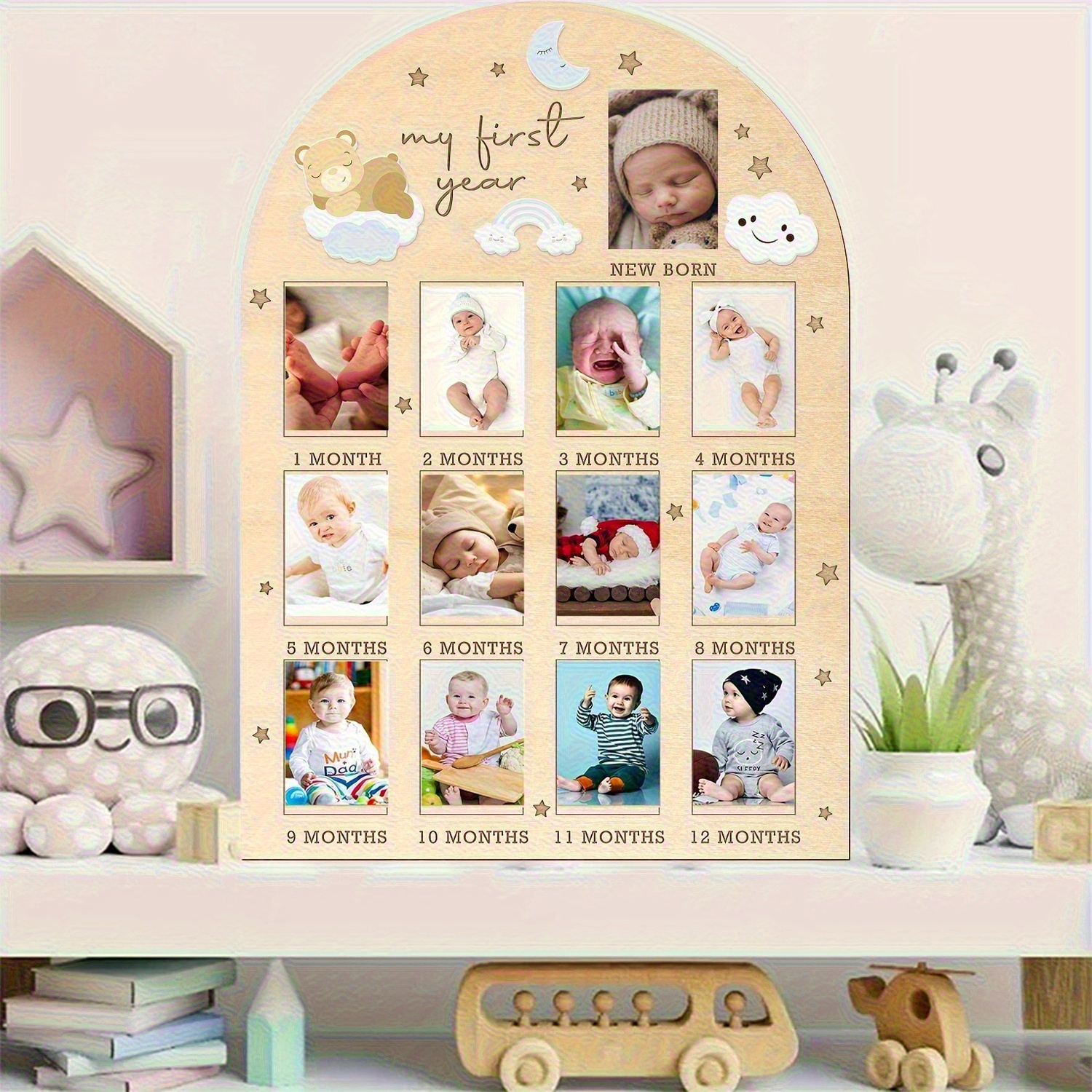 First Year Photo Board with Bear, Rainbow, and Cloud Design