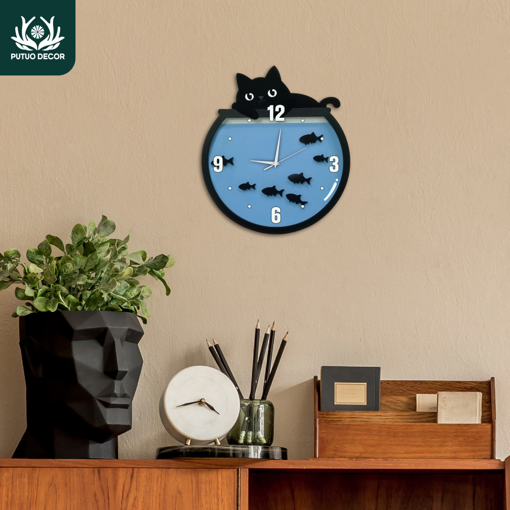 

Putuo Decor Silent Wall Clock With Aquarium Design, Cat On Top, Manufactured Wood, Rectangle Shape, Non-ticking, With Aa Battery Operated (battery Not Included) For Home, Living Room, Cafe, Pet Shops