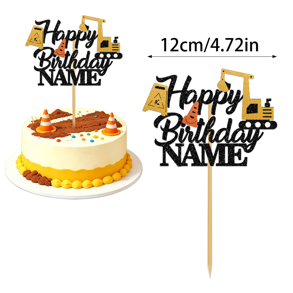 TEMU Custom Glitter Construction Birthday Cake Topper - Personalized With Digger Pattern, Happy Birthday Cake Pick For Construction-themed Party