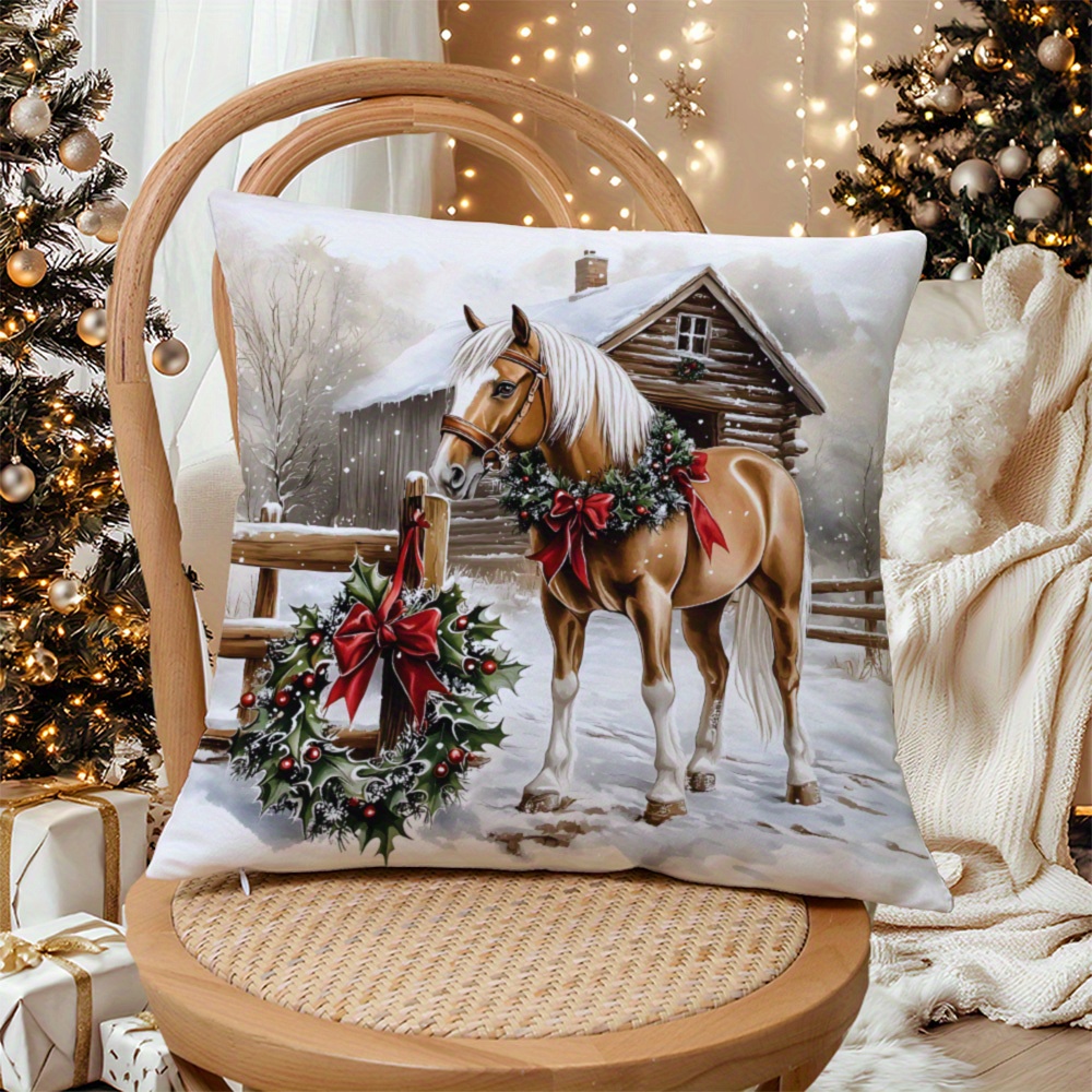 

Super Soft Horse & Christmas Wreath Throw Pillow Cover - Hidden Zipper, Plush Polyester Cushion Case For Sofa, Bed, Car - Perfect Decor (pillow Insert Not Included)