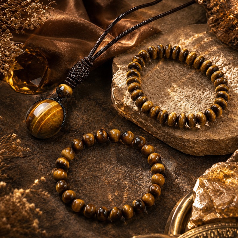 Unisex Natural Tiger Eye Stone Jewellery 3pcs Set