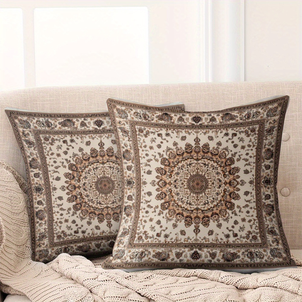 TEMU 2 housses de coussin style persan, motif floral marron sur fond beige, taie d'oreiller 18x18 pouces, pour salon chambre canapé siège auto en