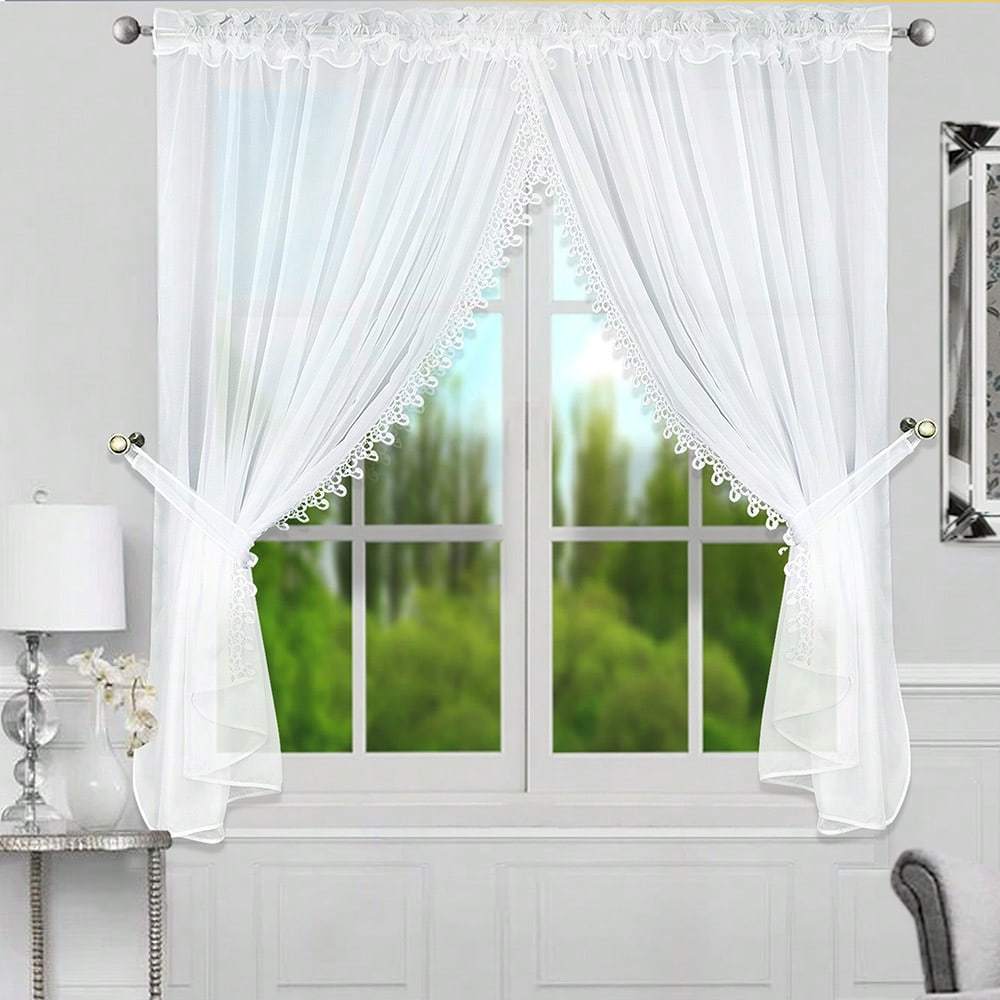 Translucent Tulle Curtains, Protection, Soft Light Effect, Drawstring Design, Exquisite Lace Decoration, Multiple Sizes , 1pc, Suitable For Living Room, Bedroom, 's Room