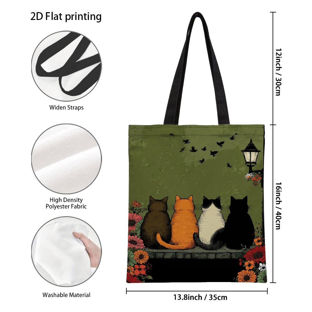 TEMU 1pc 2d Printed 4 Cats Watching Birds Pattern Tote Bag, Reusable Grocery Bags With Durable Handles, Versatile Shoulder Bag For Travel, Beach &