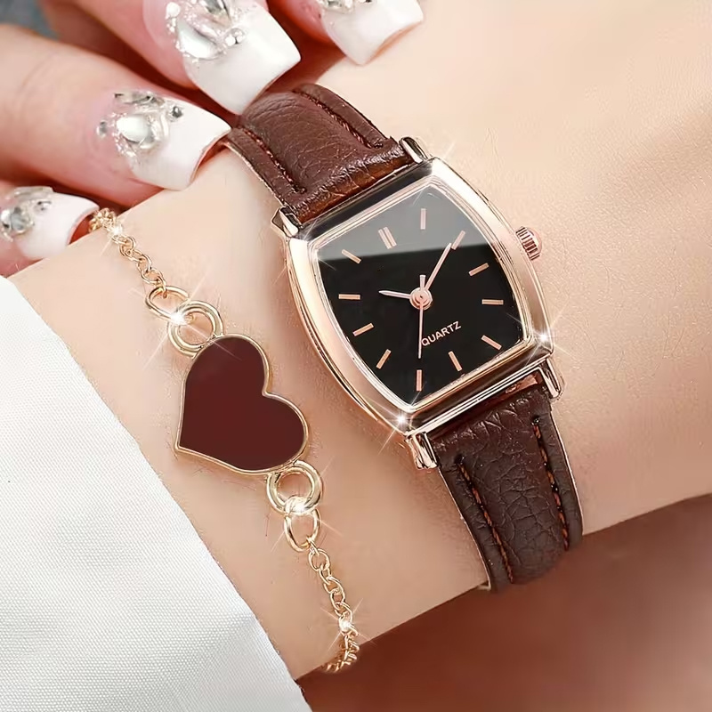 Image of 2pcs Set: Simple & Exquisite Elegant Women's Casual Watch, Oval Design, Heart Bracelet, Ladies Wristwatch, Perfect For Daily Matching, Gifts Suitable For 3742pcs Holidays