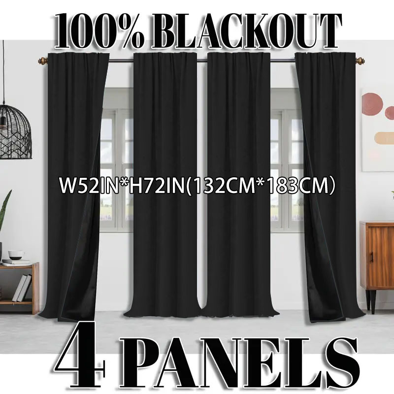 TEMU 4pcs, 100% Blackout And Heat-insulating Curtains, Modern Solid Color Polyester Material, Rod Hanging Method, Rod , Coated Lining, Lightweight,