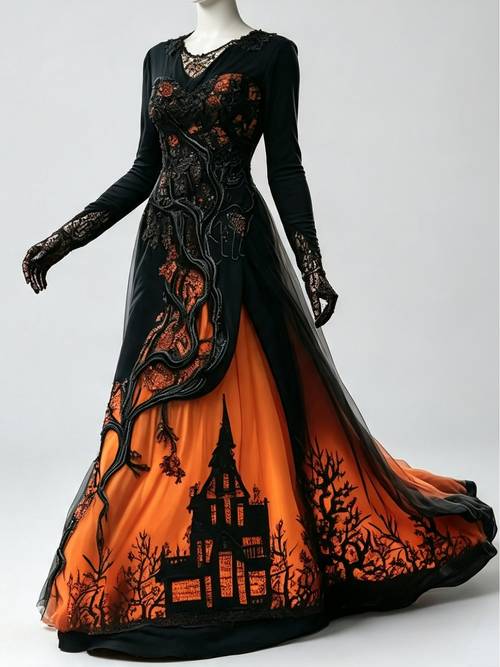 halloween costume treehouse thorns lace mesh long gown dress