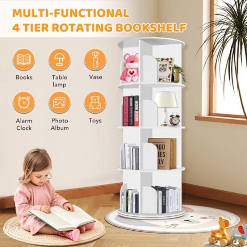 compact 4 tier rotating bookshelf for   spaces 360 degree display floor standing storage rack wooden narrow book organizer for bedroom and living room in white Product details 5