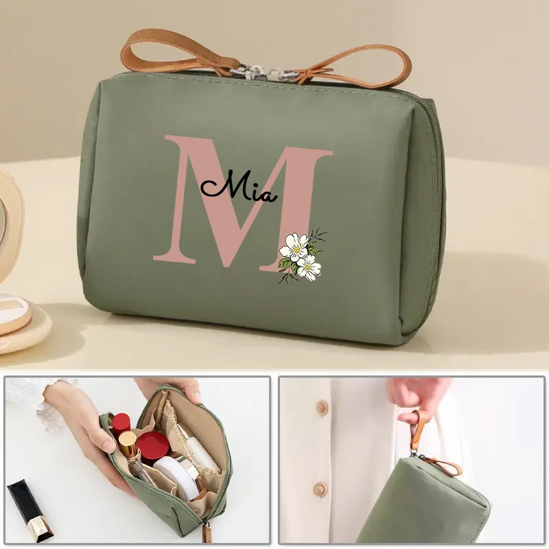 TEMU Trousse de Cosmétique verte personnalisée avec motif floral et nom, cadeau de Saint-Valentin, rangement pour pinceaux de Cosmétique, poudre, de