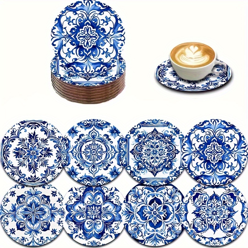 TEMU Set Of 8 Pattern Printed Coasters, Wooden Coaster Set, Car Coasters, Tea Cup Coasters, Coffee And Beverage Mug Coasters, Suitable For Home And