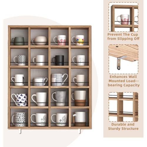wooden coffee mug display rack 24 mug capacity wall mounted organizer rustic shot glass cup holder shelf for kitchen coffee station 23 6 x 29 5 inch rustic brown
