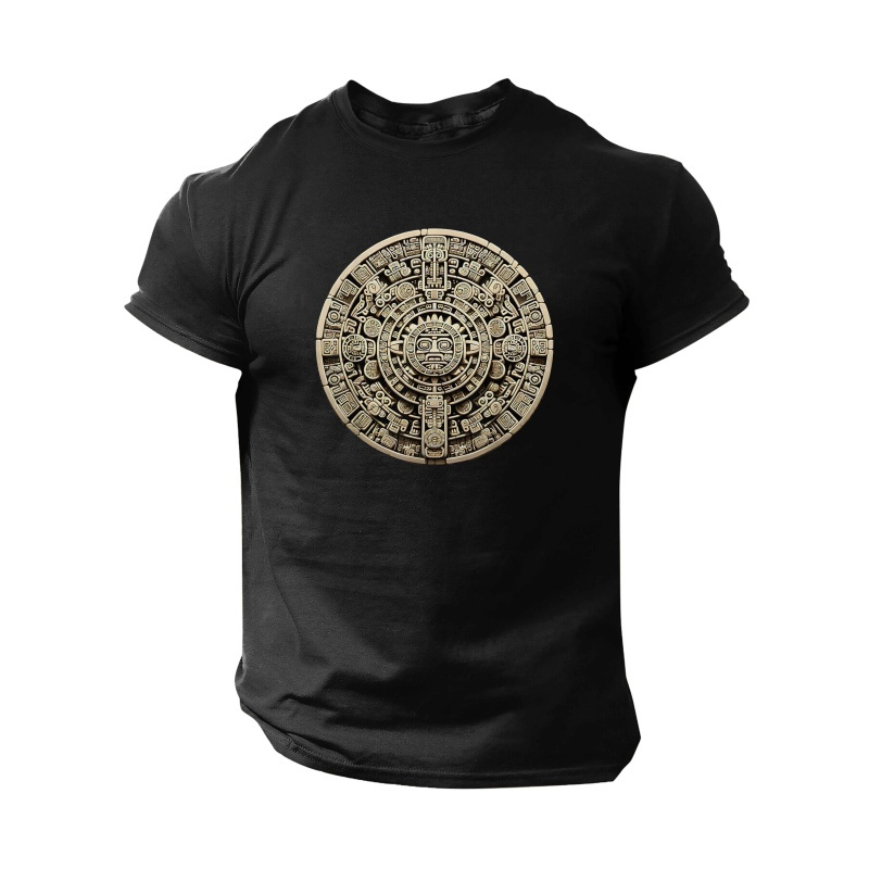 

Men's Aztec Sun Stone Print T-shirt, 100% Polyester Crew Neck Short Sleeve Tee, Casual Summer Knit Fabric Top, Regular Fit Pullover For - H Size