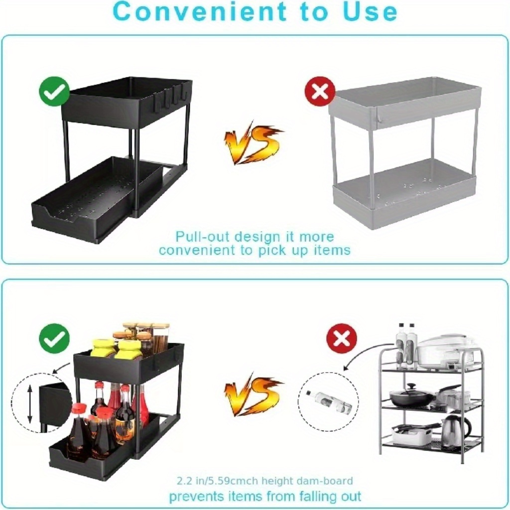 2-Tier Sliding Under Sink Organizer with Metal Frame - Black/White Plastic Storage Basket for Kitchen Spices, Cosmetics & Accessories, Multi-Purpose Bathroom Cabinet Drawer Shelf, Kitchen Organizer | Sleek Storage Solution | Durable Plastic Basket, Under Sink Organizers And Storage