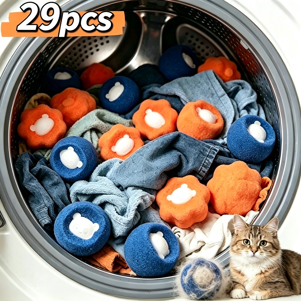 TEMU 29pcs Set: Automatic Washing Machine Lint Collectors/ Pet Hair Removal Cleaning Balls - Reusable Blue & Orange Mixed-color Lint Filters (note: