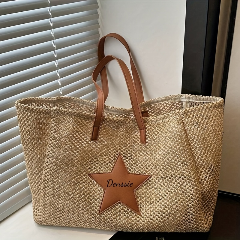 TEMU Customize Personalized Name Or Holiday Information Straw Rope Large-capacity Tote Bag, Elegant Lawn Design, Spacious And Lightweight