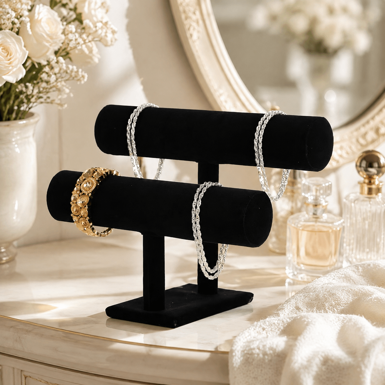 TEMU Black Double-layer Velvet Jewelry Display Stand, Bracelet Necklace Organizer, Desktop Ornament Rack