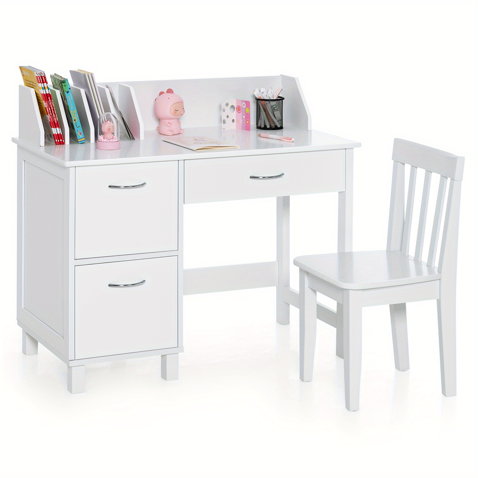 TEMU Ensemble Bureau et Chaise LIFEZEAL pour Enfants, Station de Travail Étudiante avec Tiroir et Armoires de Rangement, Table d'Apprentissage