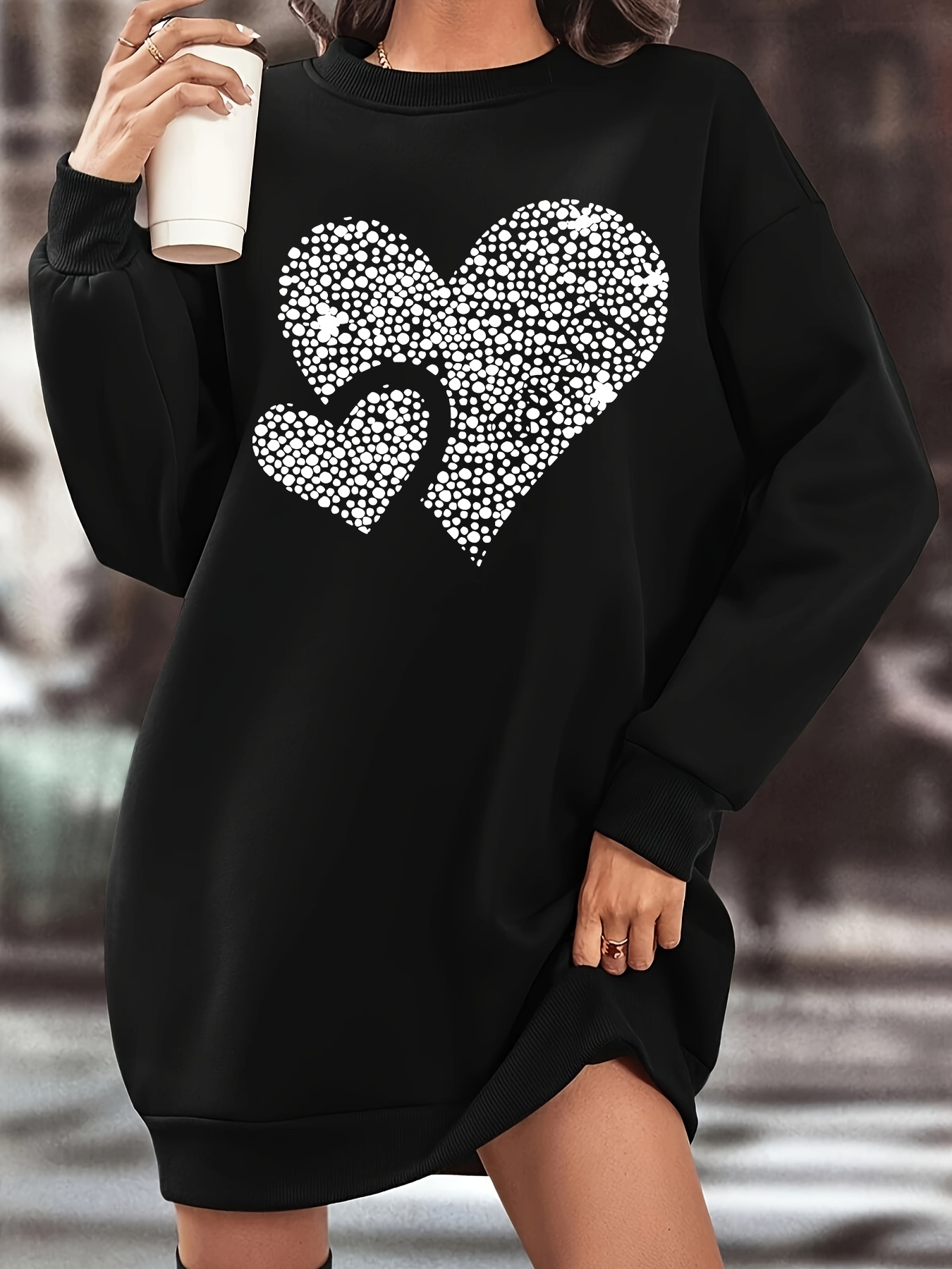 women's fleece lined sweatshirt dress heart print cozy loose