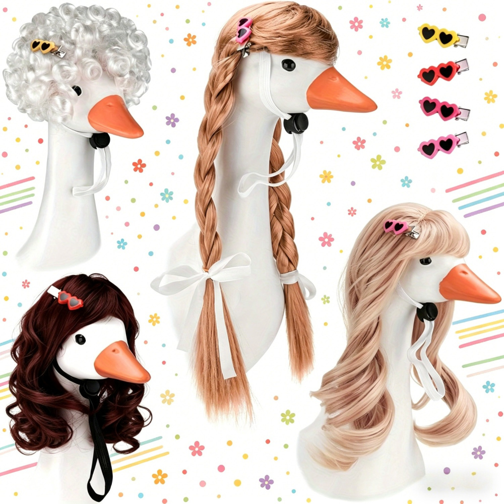 TEMU (random 1 Color And Style) Porch Goose Wig, Woven Hair Accessory, Suitable For 23-inch Goose Statues, Cute Lawn Goose Statues, Woven Wigs And
