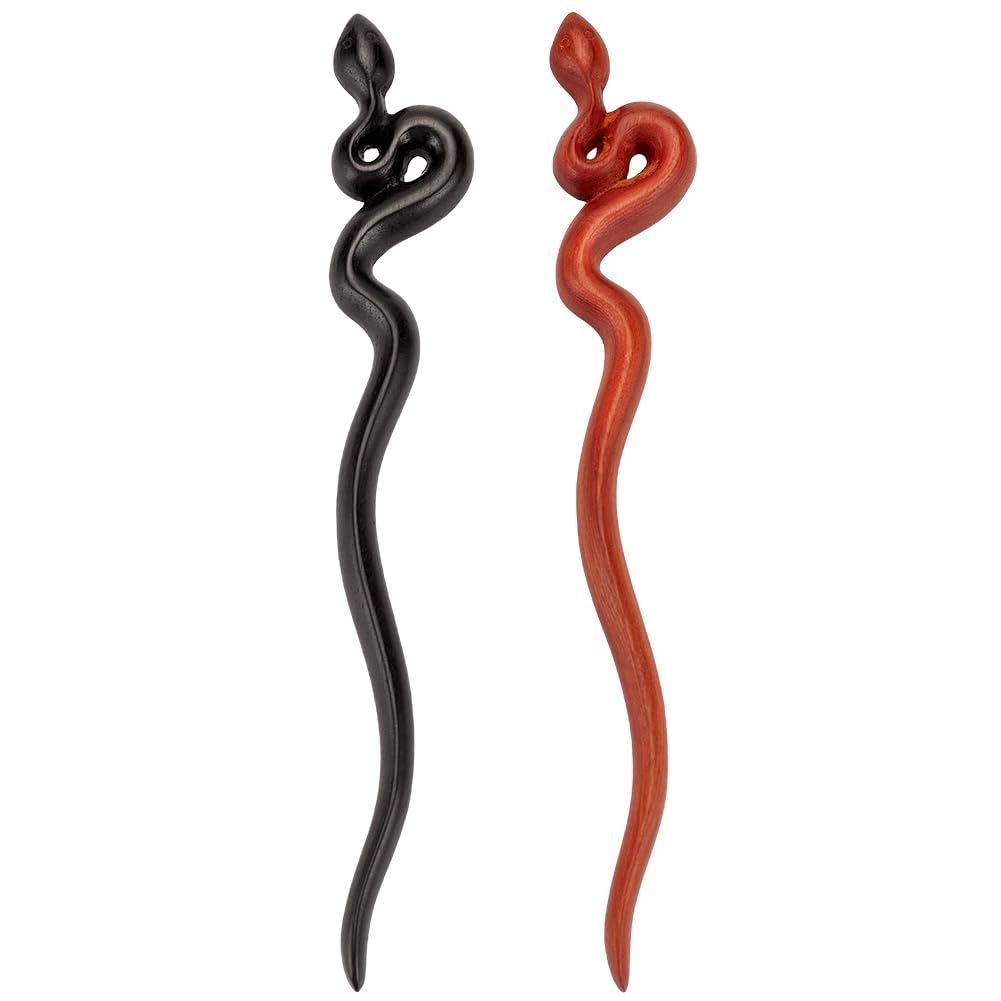 2pcs Wooden Snake Hairpins Vintage Chinese Wood Hair Sticks Handmade Retro Animal Shape Hair Additions For Women