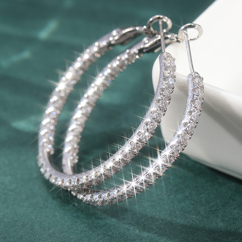 Image of Popular Earring With Synthetic White Cubic Zirconia Circle Hoop Earrings Easy Big Round Silvery Color Hoop Earrings For Women