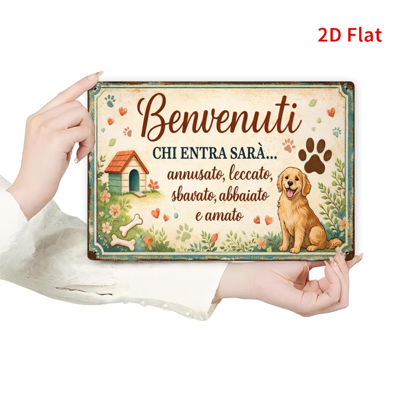 TEMU 2d Flat - 1pc 30cm X 20cm Dog Welcome Tin Sign | Benvenuti Italian Language Golden Retriever Wall Decor, Ideal For Pet Owner's Home Entryway And