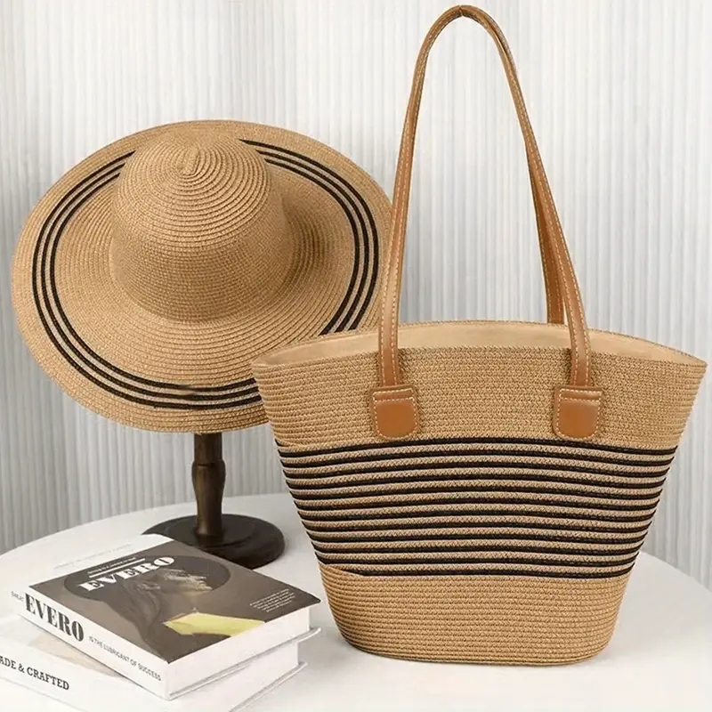 chapeau de paille pour femmes avec sac , chapeau de plage rayé dété à large bord et protection solaire pour en extérieure détails 2