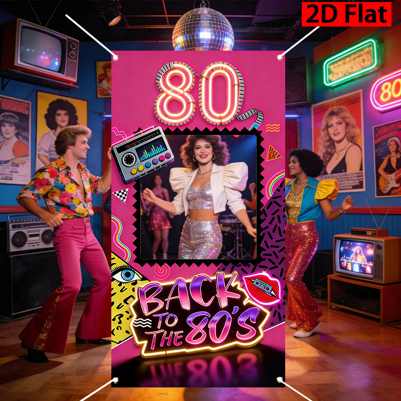 TEMU 2d Party Photo Booth Additions. A Neon Retro Banner From The 80s Featuring A Boombox And Geometric Designs. Vintage Decorations For An 80s Hip