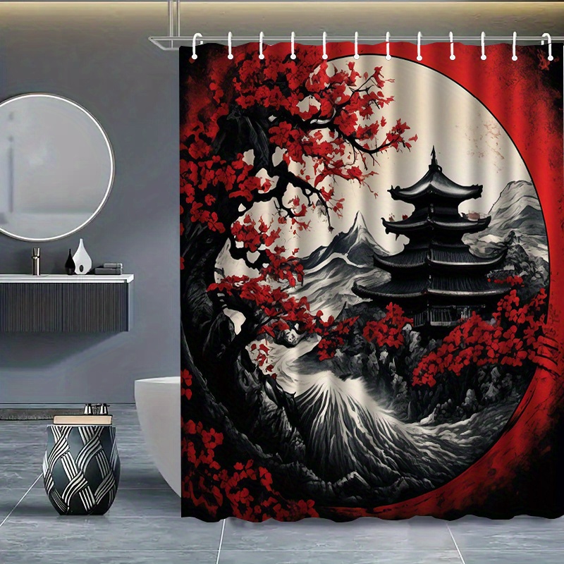 TEMU 1pc Ink Painting Pattern Shower Curtain With Hook, Water-washing Shower Curtain, Bathroom Partition, Bathroom Accessories, Home Decoration