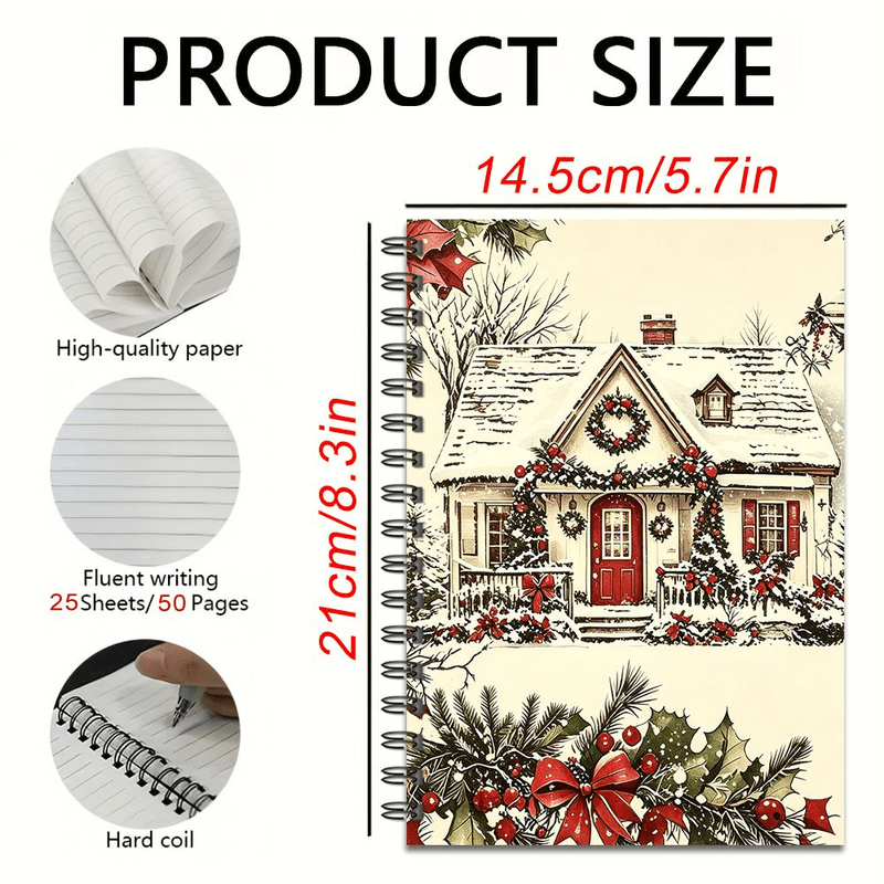 TEMU Vintage Christmas, Spiral Notebook, Snowy House Wreath Pattern, High Quality Paper Hard Coil, Adult Writing Journal, 50 Pages
