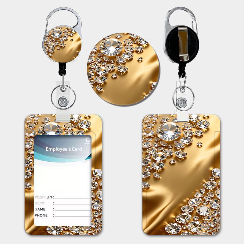 TEMU Luxury Diamond -pattern Holder Set, Featuring A Pull-tab Retractable Lanyard And Keychain, With A Durable Plastic Card Holder. Suitable For Id