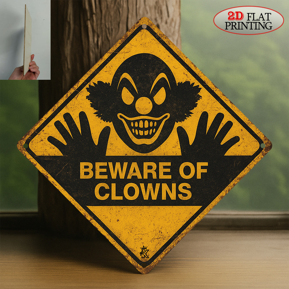 TEMU 2d Flat, 2d Flat - 1pc Wooden Vintage Clown Warning Sign - Fun Hazard Decoration With Clown Pattern, Yellow And Black Color Scheme Warning -