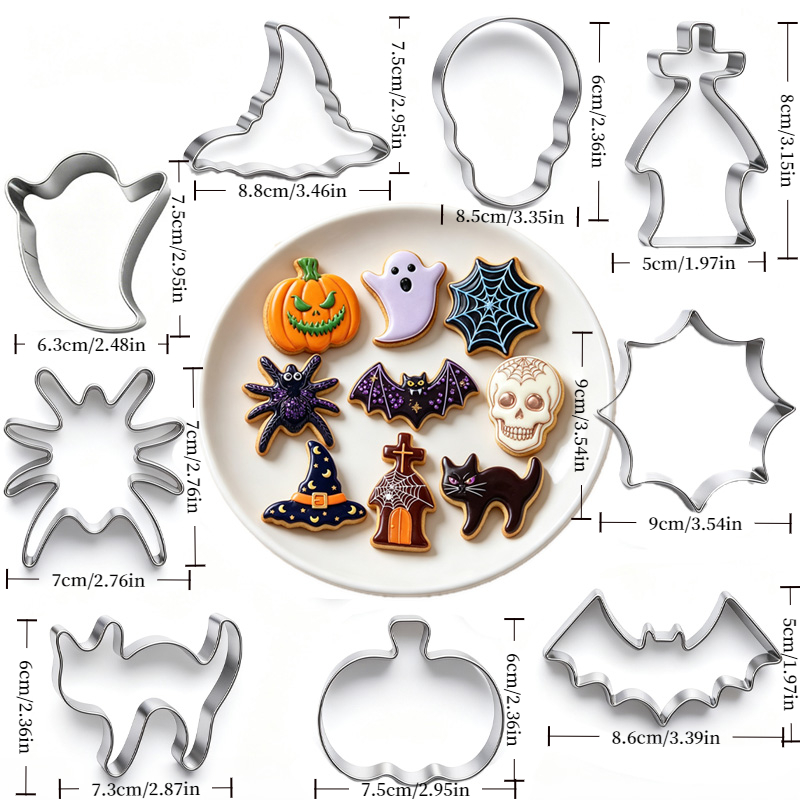TEMU Universal Halloween Cookie Cutters Festival 9pcs Set, -grade 430 Stainless Steel Material, Featuring /witch Hat/pumpkin/bat/cat//haunted House//