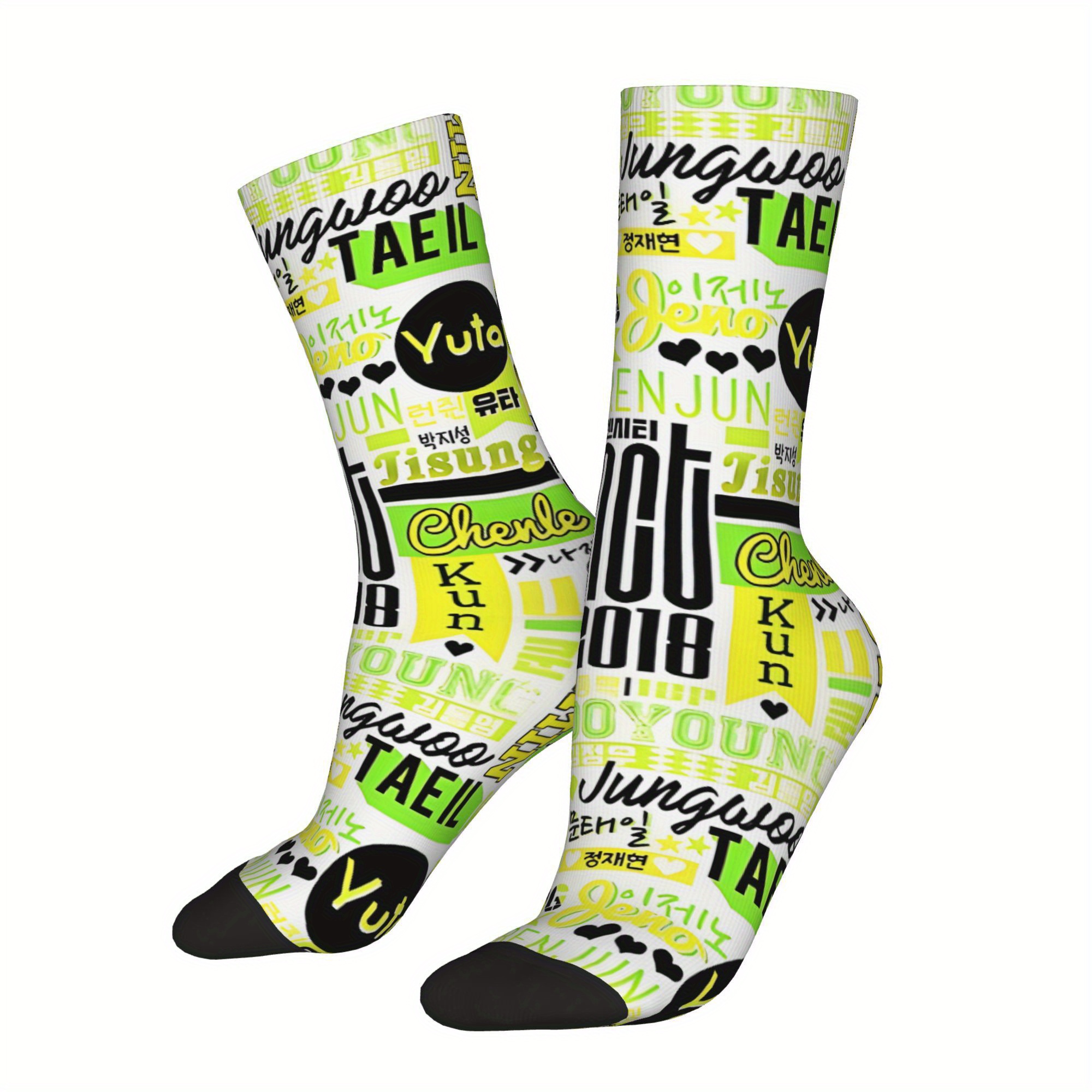 

1 Pair Theme Crew Socks, Polyester Knit Fabric With Elastane, Retro Style, Novelty Pattern, With Hand Washable