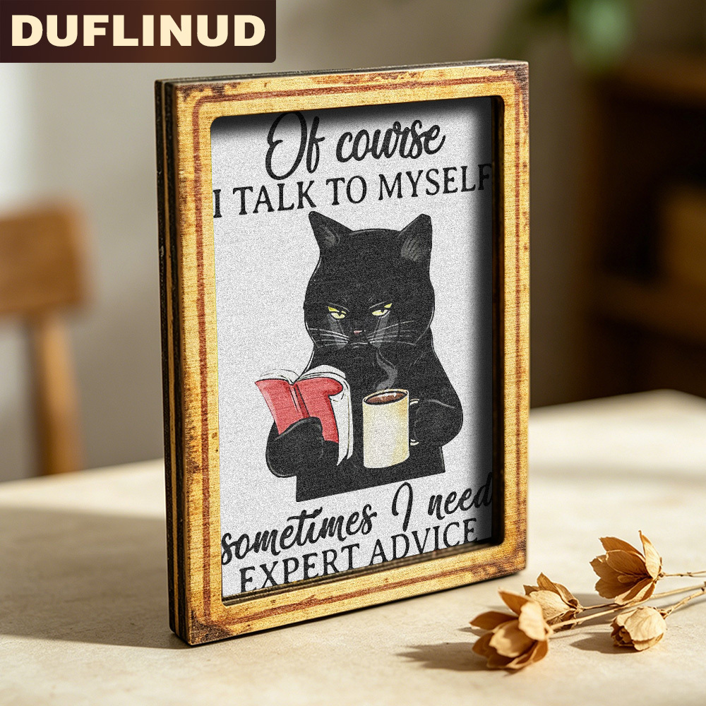 TEMU Humorous Black Cat Fridge Magnet, Mini Decorative Plaque - A Reading Black Cat Wearing Glasses And Drinking , With A Fun Text Slogan. Wooden